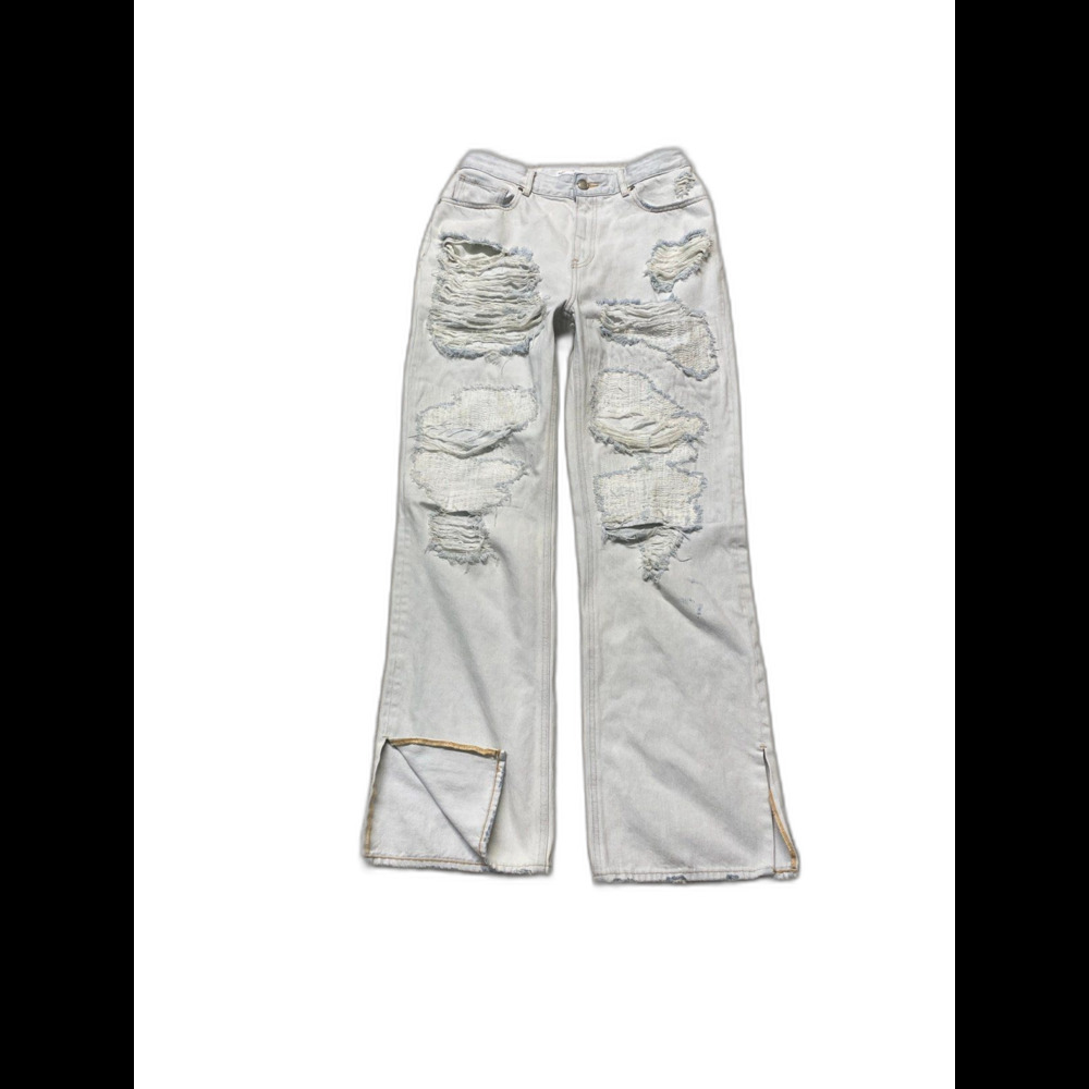 Good American The Khloé Jean Size 8/29 Light Wash Distressed Wide Leg Side Slit